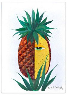 Esy A. Belluzzi<br><br>Pineapple, 1977<br>Tempera on paper, 63 x 44 cm<br>Pineapple is a wonderful tempera original painting on paper, realized in 197