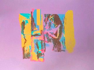 Nicola Simbari<br><br>Woman in Yellow, 1976<br>Serigraphy, 47.5 x 66 cm<br>Woman in Yellow is an original serigraph realized by Nicola Simbari in 1976