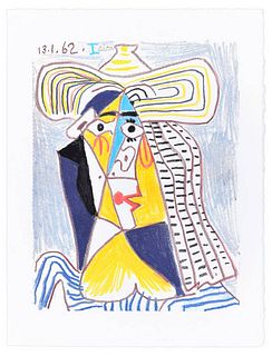 Pablo Picasso<br><br>Personnage cubiste au chapeau, 1962<br>Colored litography, 43 x 32.8 cm<br>Personnage cubiste au chapeau is a wonderful color lit