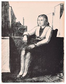 Pompeo Borra<br><br>Sitting Woman<br>Black and white lithograph on ivory-colored paper, 33.2 x 25.3 cm<br>Sitting Woman is a beautiful black and white
