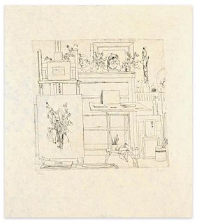 Renzo Biasion<br><br>Interior, 1970<br>Black and white etching on paper, 41 x 35,7 cm<br>Interno is a beautiful black and white etching on rise-paper,