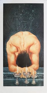 Satish Gupta<br><br>Male figure, XX Century<br>Litography, 68.7 x 35.4 cm<br>Male Figure is an original lithograph realized by Satish Gupta. It is han