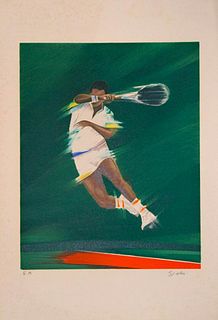 Victor Spahn<br><br>Tennis Player <br>Colored lithograph on paper, 53.5 x 36.5 cm<br>Tennis Player is an original artwork realized by Victor Spahn in 