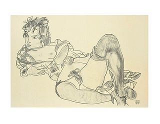 Egon Schiele<br><br>Reclining Woman, 2007<br>Colored litography, 50 x 62 cm<br>Reclining Woman is a beautiful and original lithograph from the portfol