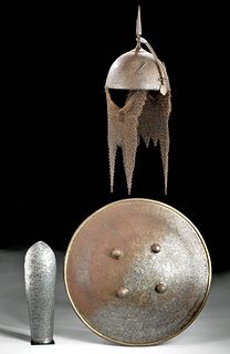 19th C. Indo-Persian Iron Helmet, Shield, & Arm Guard
