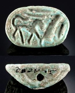 Egyptian Glazed Faience Stamp Amulet - Lion & Feather