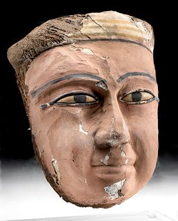 Egyptian Painted Gesso Wood Mummy Mask Glass Eyes