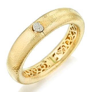 Diamond Hammered Gold Bangle Bracelet, Italian