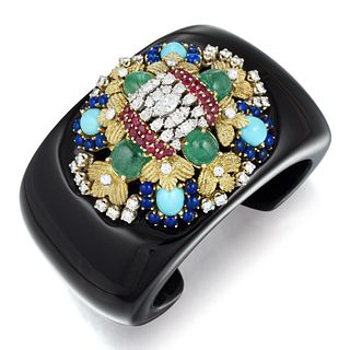 Black Jade and Multi-Colored Gemstone Cuff