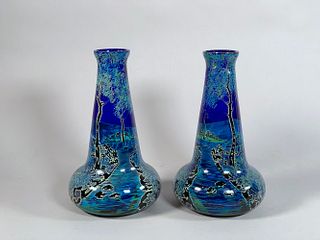 Pair of Blown Glass Scenic Landscape Vases, Montevideo