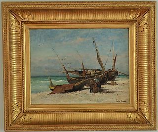 Oil Painting - The Return of the Fishermen in Yport by Emile Louis Vernier - Courtesy of Silver Art by D & R, Maryland and Marseille France