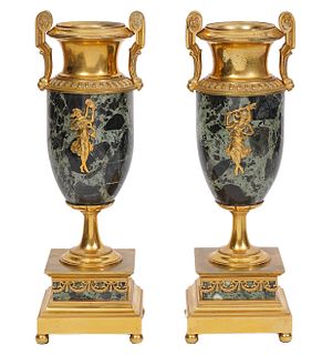 19/20th C. French Gilt Bronze Mounted Marble Urns