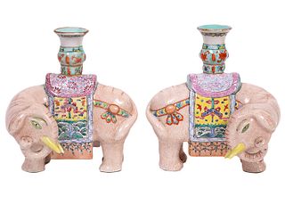 2 Chinese Ex. Famille Rose Elephant Candle Holders