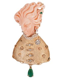 Unique Gold, Coral & Emerald Figural Pendant