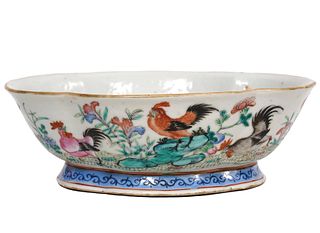 Chinese Famille Rose Rooster Pedestal Bowl