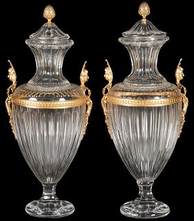 Pr. Baccarat Style Large Bronze Mounted Vases