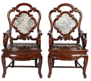 2 Chinese Hardwood Chairs with Dream-stone Inserts
