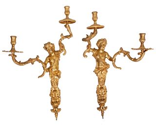 Pr. 19th Ct. Figural French Dore Bronze Sconces