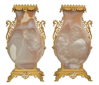 Pr. French Gilt Bronze Mounted Agate Urns