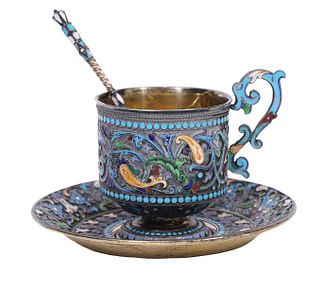 Russian Enameled Silver Cup, Spoon & Saucer