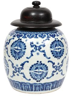 Chinese Blue & White Porcelain Jar with Wood Lid