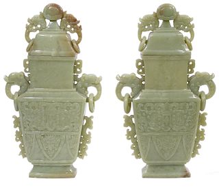 Pair Chinese Carved Jade Lidded Urns