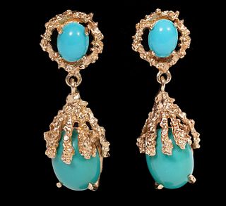 Pr. Natural Persian Turquoise & 14K YG Earrings
