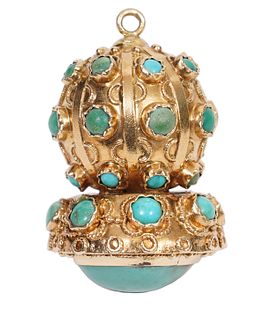 Large Etruscan Turquoise & 18K Fob Charm