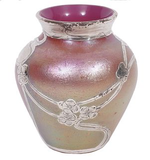 Iridescent Loetz Art Glase Vase w/ Silver Overlay