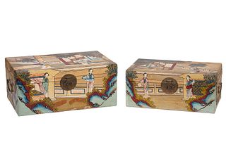 2 Chinese Polychromed Pigskin Boxes