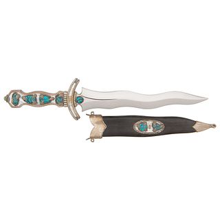 Splendid Silver Hilted Flamboyant Dagger Embellished with Pearl and Turquoise in Matching Silver Mounted Scabbard by Lloyd Hale