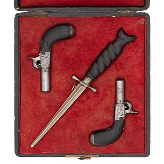 Cased Pair of Belgian Single Shot Percussion Pistols with Dagger