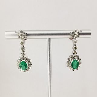 14K White Gold Emerald & Diamond Drop Earrings