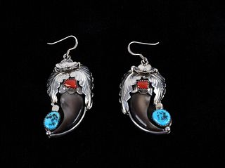Navajo Morenci Turquoise, Coral & Silver Earrings