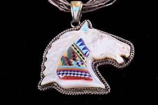 Zuni Mother of Pearl Horse Mosaic Inlay Necklace