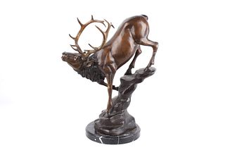 Bugling Bull Elk Bronze Sculpture on Marble Base