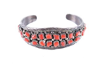 Navajo Sterling Silver & Red Coral Bracelet Signed