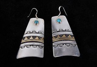 Navajo T&R Singer Turquoise & 14K Gold Earrings