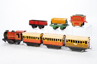 O Gauge Hornby 6161 Locomotive and Tender with (3) 4 wheel passenger cars and (2) 4 wheel freight cars