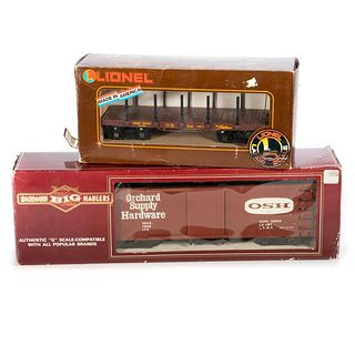 Lionel Large Scale (G Scale) Union Pacific Flat Car with Stakes; Bachman G scale Orchard Supply Hardware box car