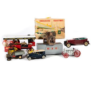Lot of (11) tin toy vehicles, gumball bank, ceramic house