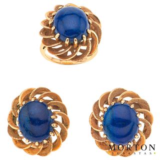 RING AND EARRINGS SET WITH LAPIS LAZULI. 14K YELLOW GOLD