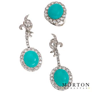 RING AND EARRINGS SET WITH TURQUOISES AND DIAMONDS. PALLADIUM SILVER