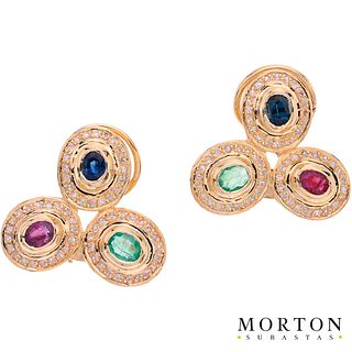 RUBIES, EMERALDS, SAPPHIRES AND DIAMONDS EARRINGS. 14K YELLOW GOLD