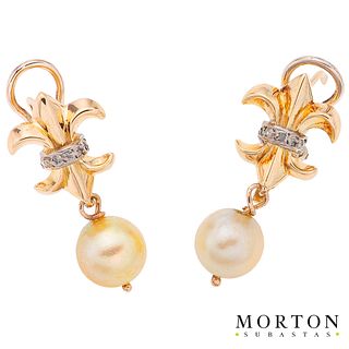CULTURED PEARLS AND DIAMONDS EARRINGS. 14K, 8K YELLOW GOLD AND PALLADIUM SILVER
