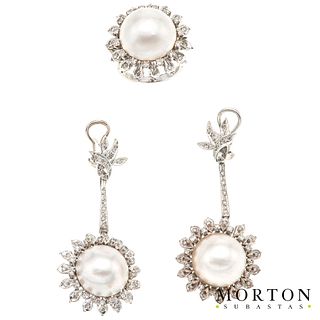RING AND EARRINGS SET WITH HALF PEARLS AND DIAMONDS. PALLADIUM SILVER