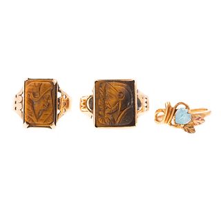 Two Tiger Eye Cameo Rings & A Blue Topaz Ring
