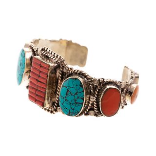 A Sterling Silver Navajo Turquoise & Coral Cuff