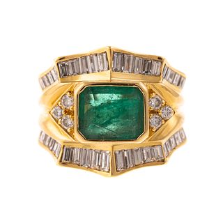 A Wide 18K Three-Row Fluted Emerald & Diamond Ring
