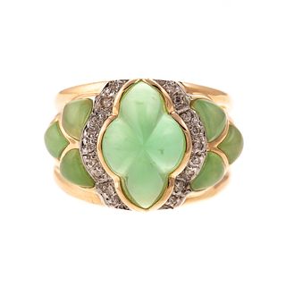A Carved Green Quartz & Diamond Ring in 14K